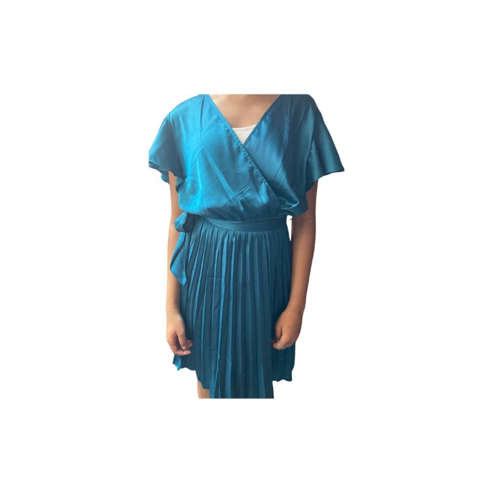 TECREW Women's Satin Short Sleeve Tie Waist Mini Dress Pleated